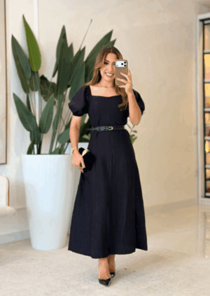 984- Vestido linho | Gola quadrada