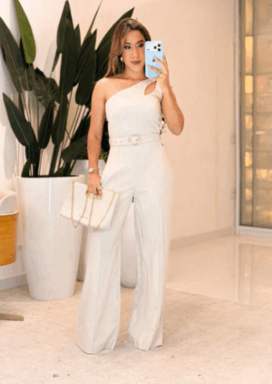 1028- Macacão alfaiataria | alça lateral acompanha cinto